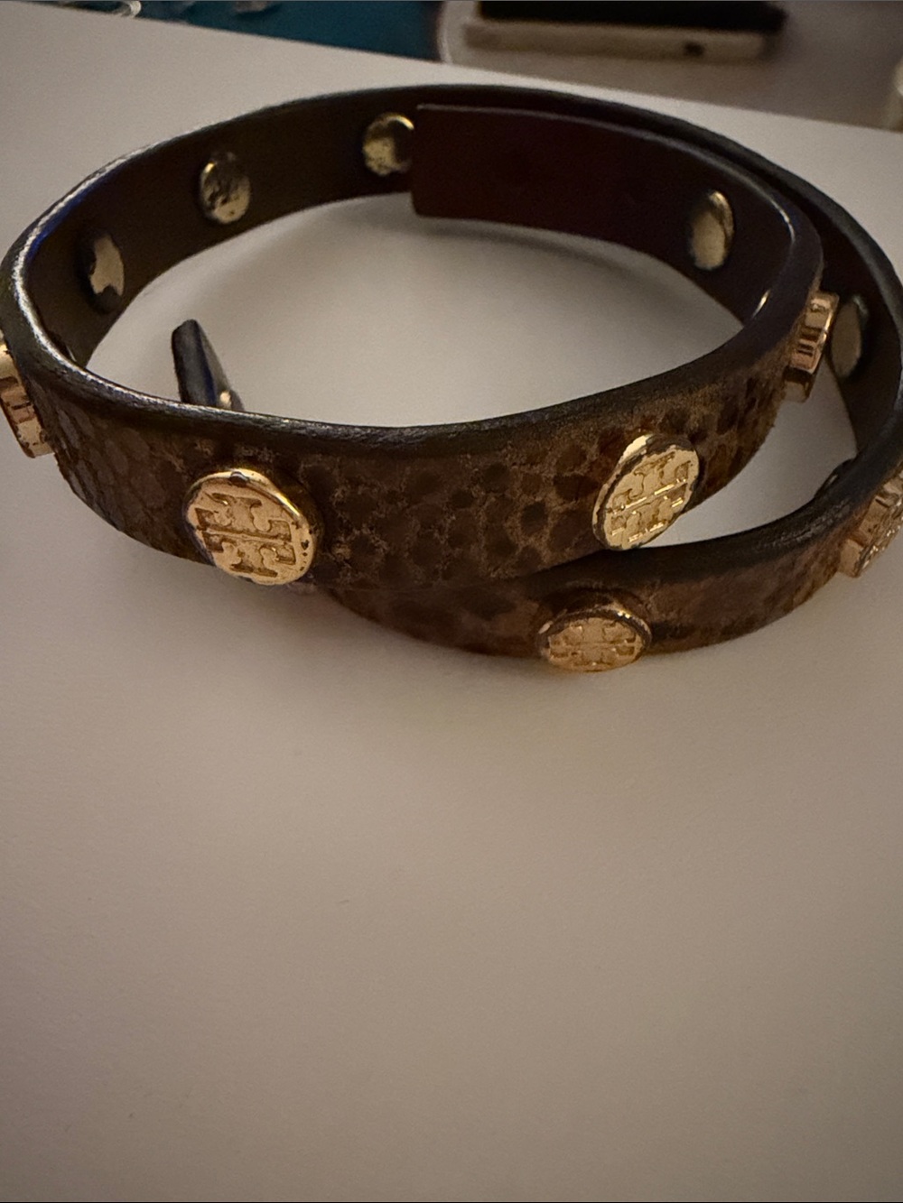 Tory Burch Brown Leather Wrap Bracelet with Gold Stud Accents